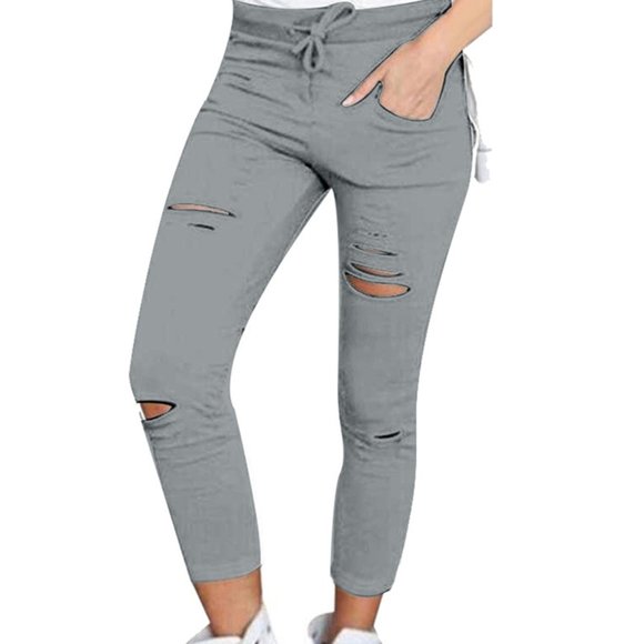 Jeans Pants Solid Drawstring High Waist Pencil - Picture 3 of 4